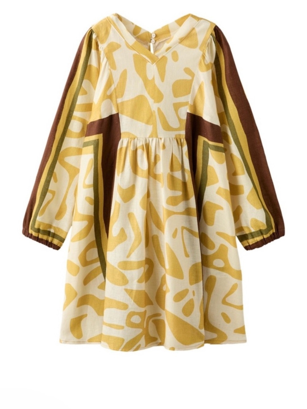 Zara Girl New Linen Long Sleeve Dress in Abstract Pattern NWOT
